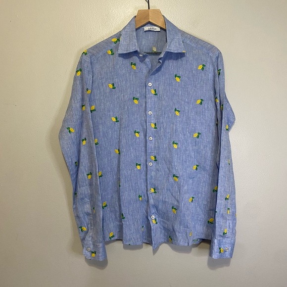 Idillio Positano Embroidered Lemon Long Sleeve Linen Button Up Shirt Men's Large - Picture 1 of 8